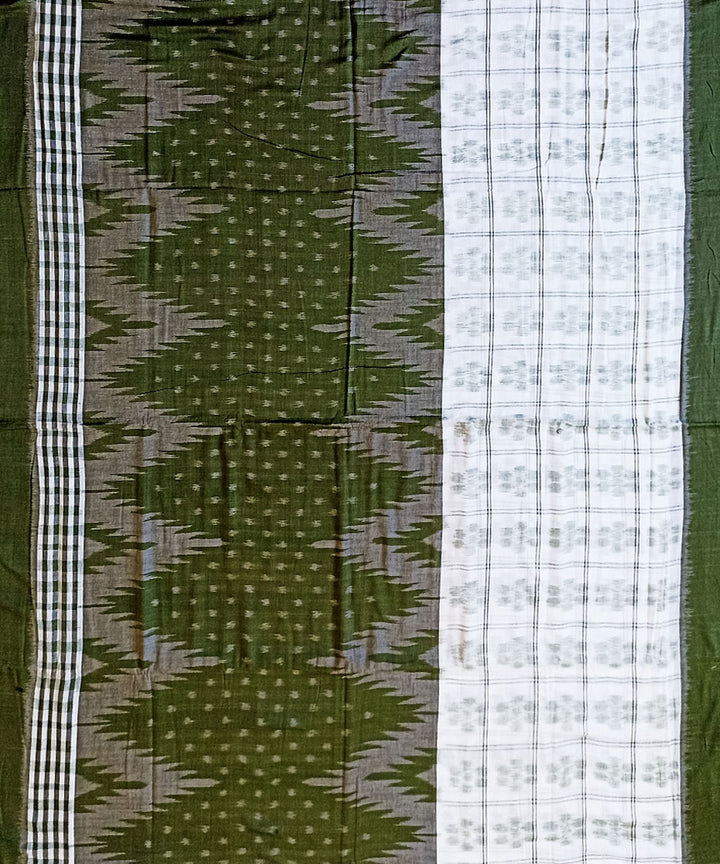 Olive green white cotton handwoven nuapatna saree