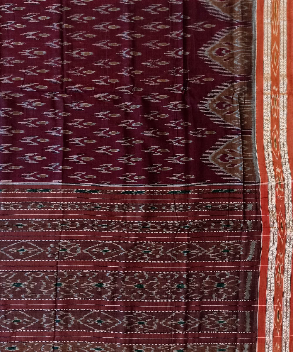 Maroon brown cotton handwoven nuapatna saree