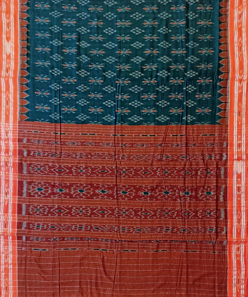 Dark green orange cotton handwoven nuapatna saree