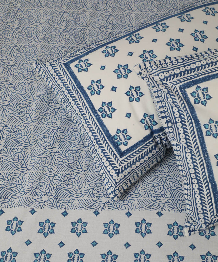 White blue block print sanganeri cotton double bed bedsheet