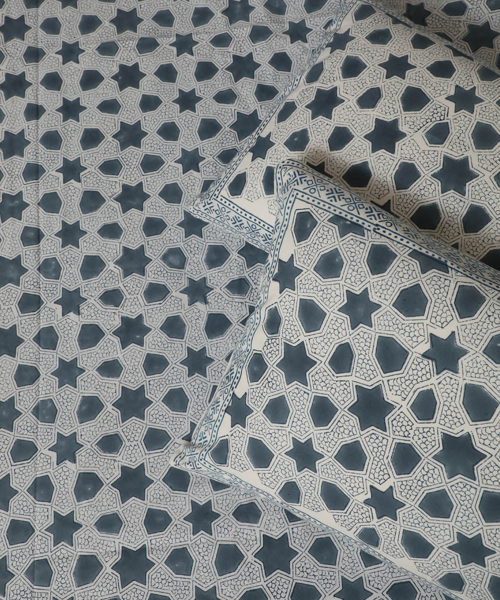 White grey hand block print sanganeri cotton double bed bedsheet