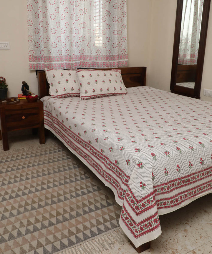 White pink block flower printed sanganeri cotton double bed bedsheet
