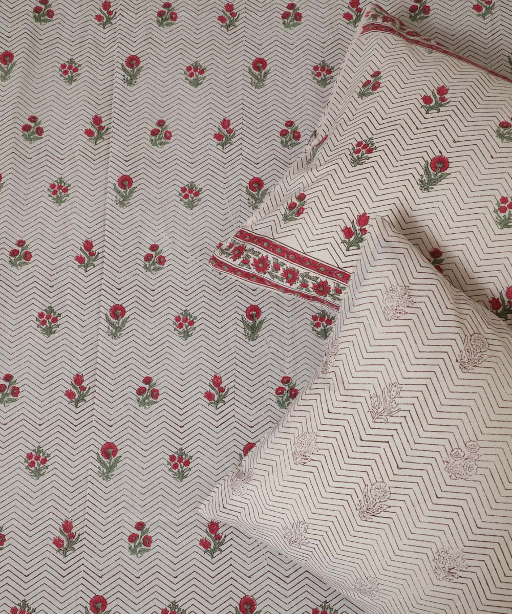 White pink block flower printed sanganeri cotton double bed bedsheet