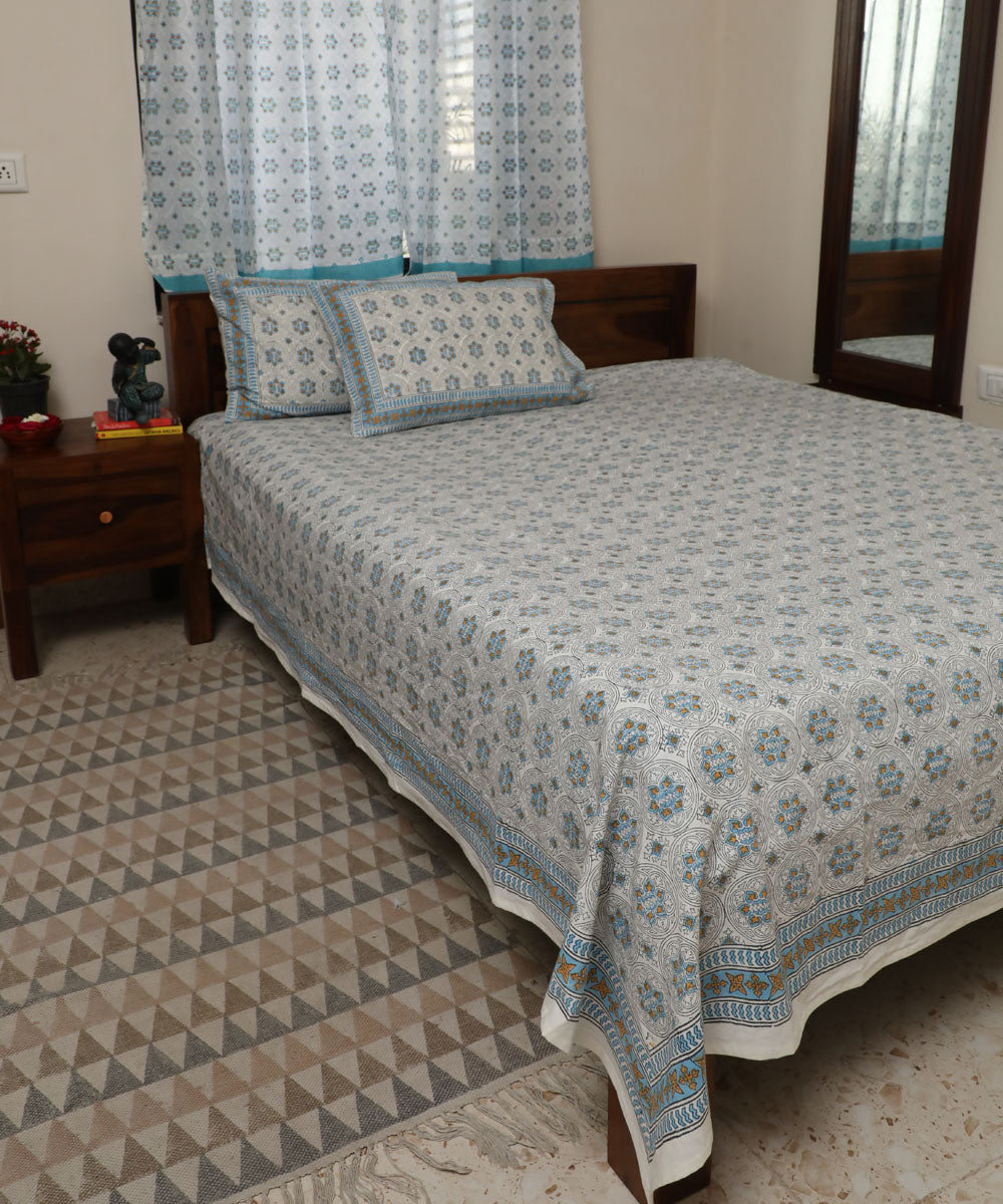 White sky blue block printed sanganeri cotton double bed bedsheet