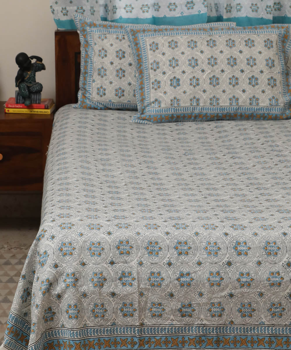 White sky blue block printed sanganeri cotton double bed bedsheet