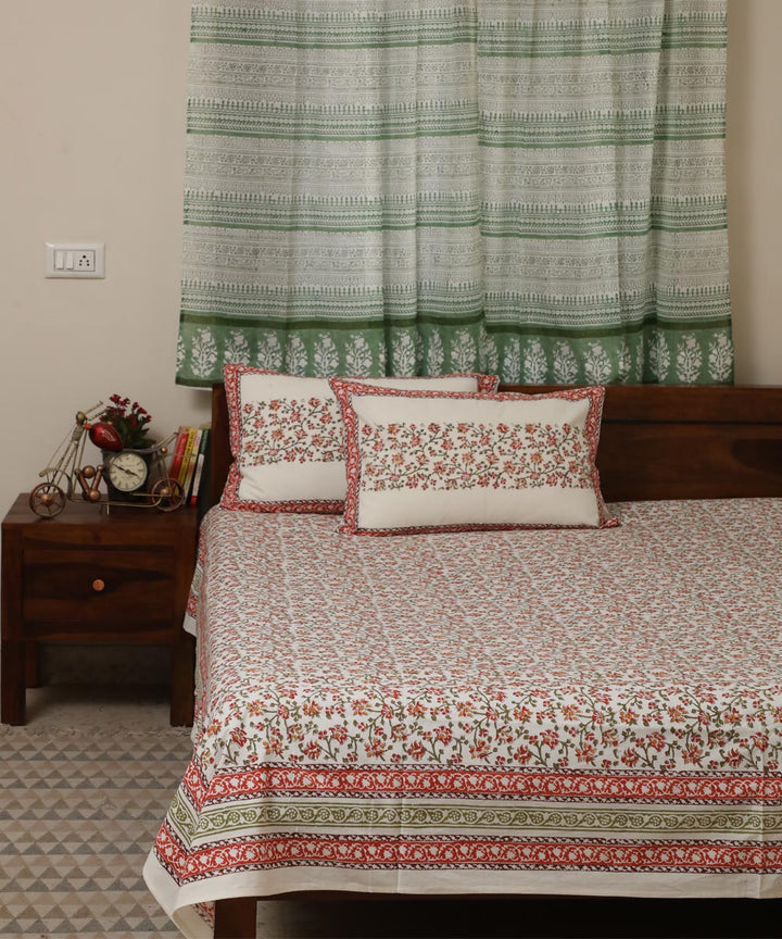 White red cotton hand block printed sanganeri double bed bedsheet