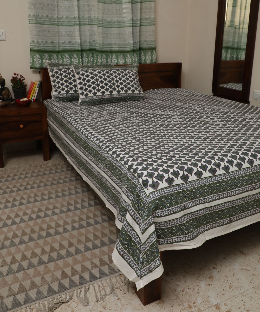 White grey all over block print sanganeri cotton double bed bedsheet