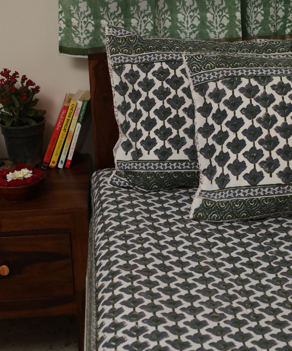 White grey all over block print sanganeri cotton double bed bedsheet