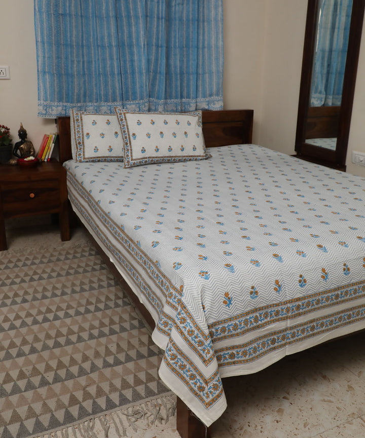 White blue zig zag block printed sanganeri cotton double bed bedsheet