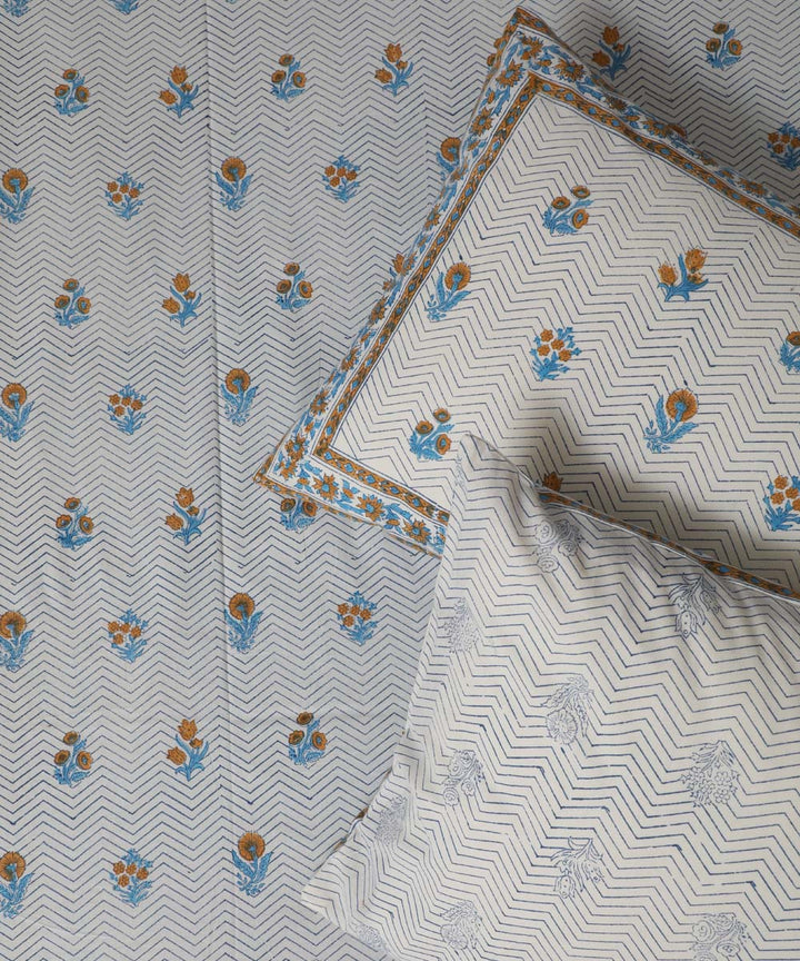 White blue zig zag block printed sanganeri cotton double bed bedsheet