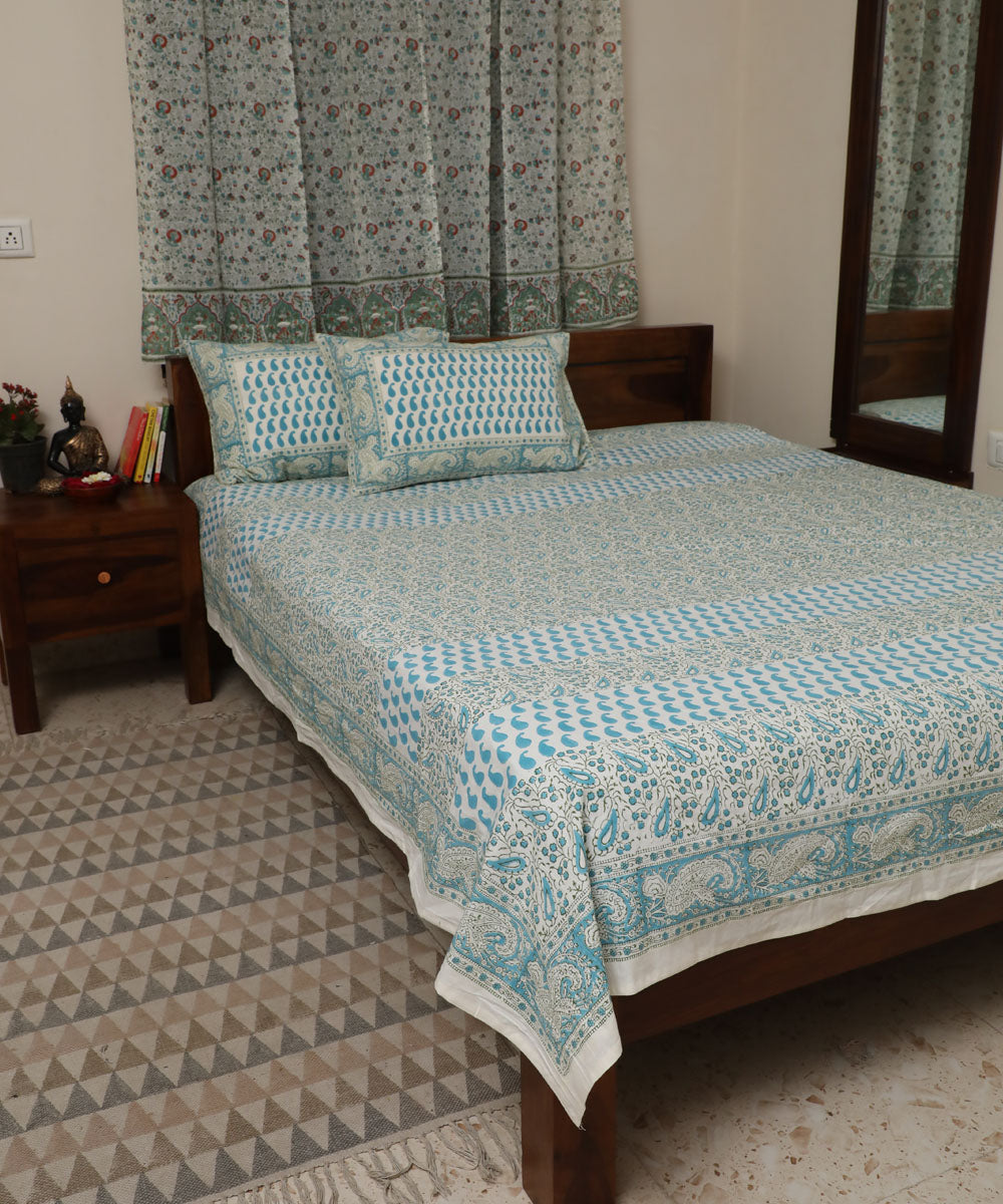 White blue striped block printed sanganeri cotton double bed bedsheet
