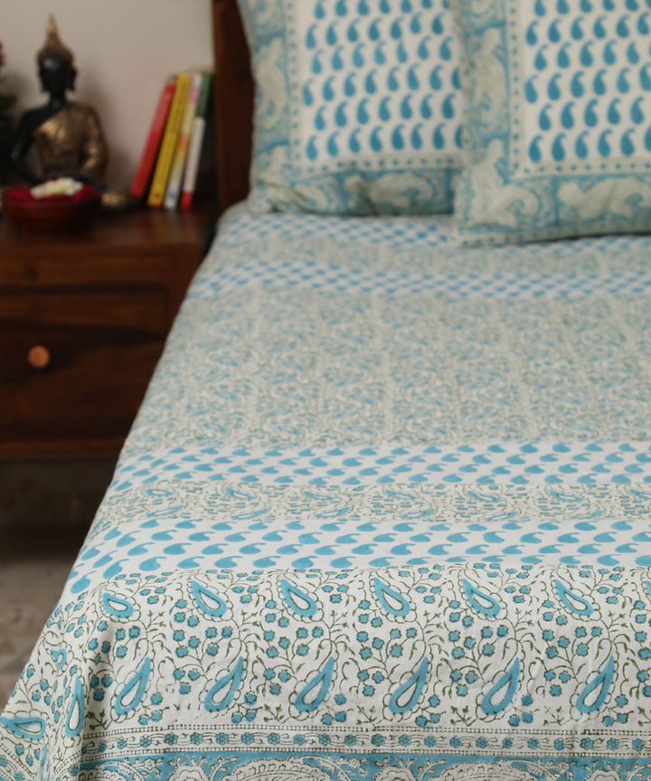 White blue striped block printed sanganeri cotton double bed bedsheet