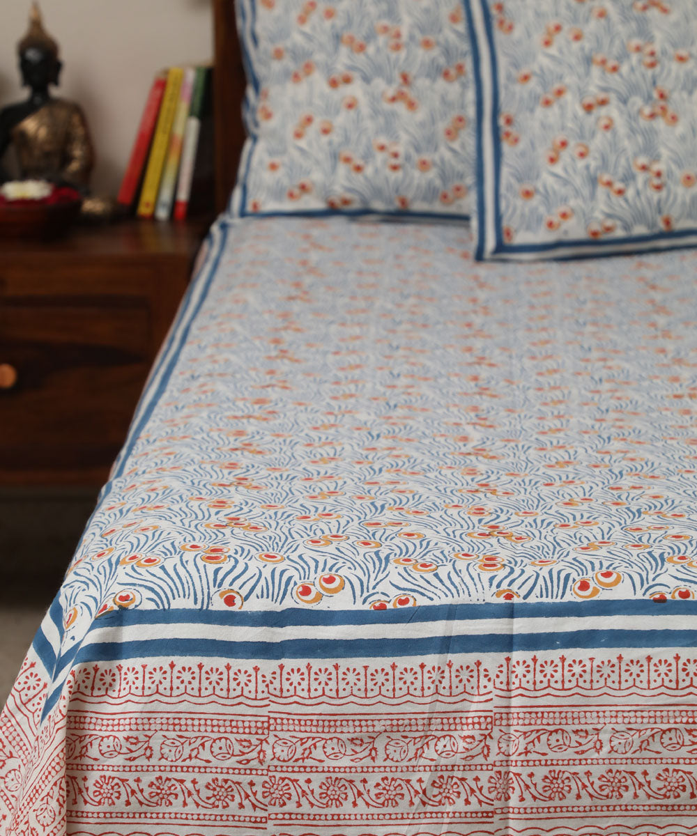 White blue all over block print sanganeri cotton double bed bedsheet
