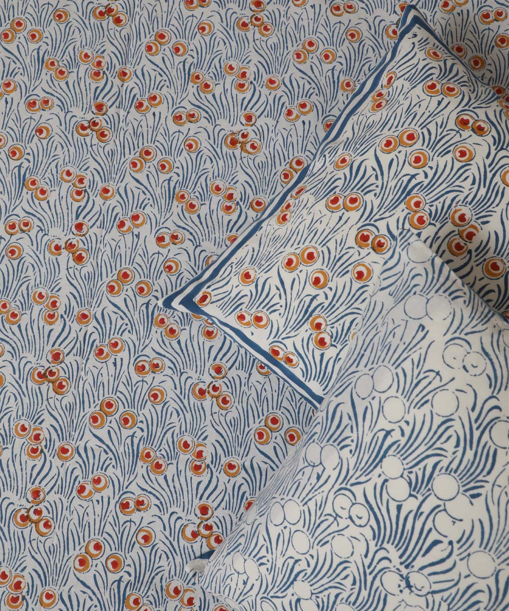 White blue all over block print sanganeri cotton double bed bedsheet