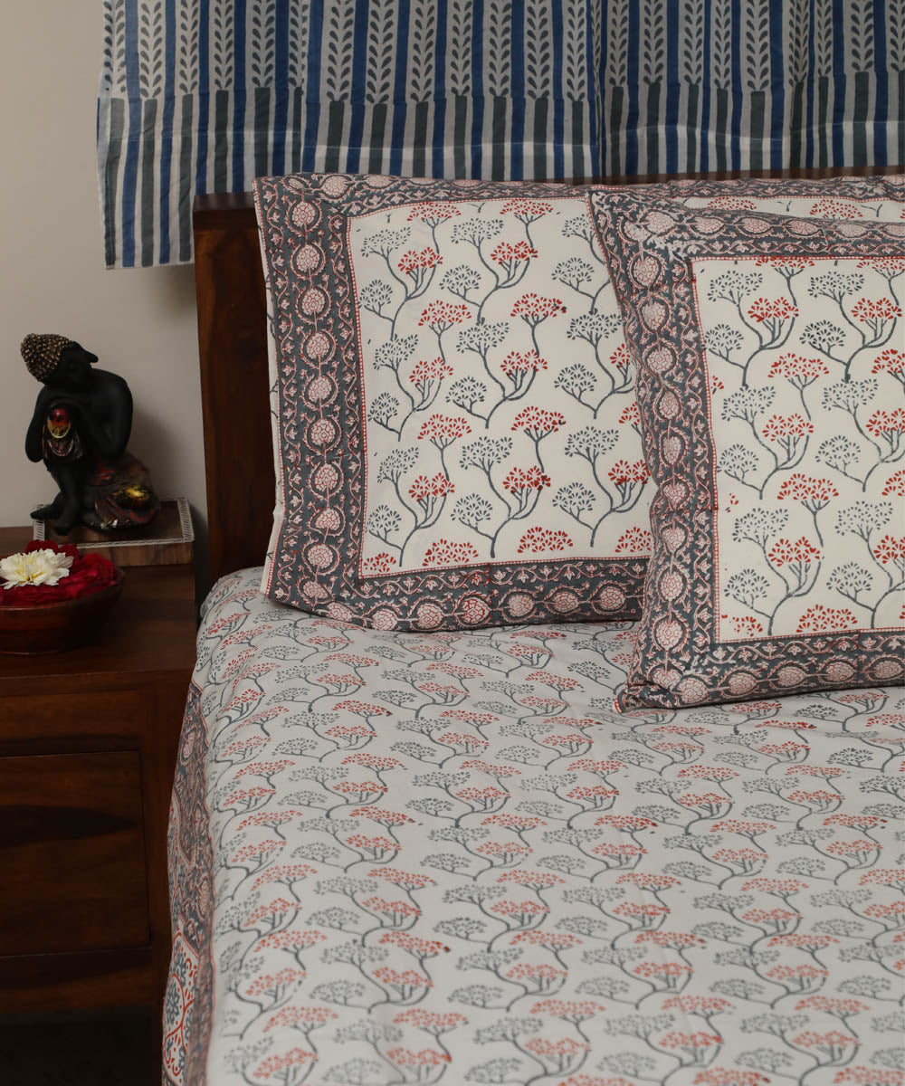 White grey floral block printed sanganeri cotton double bed bedsheet