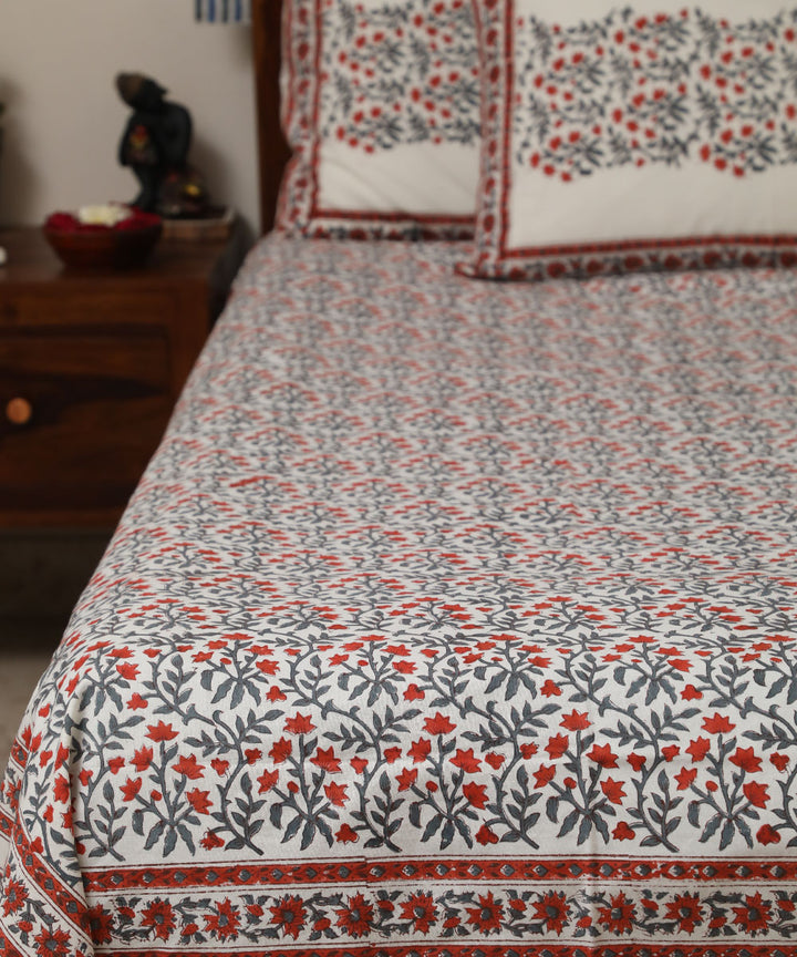 White grey floral cotton block printed sanganeri double bed bedsheet