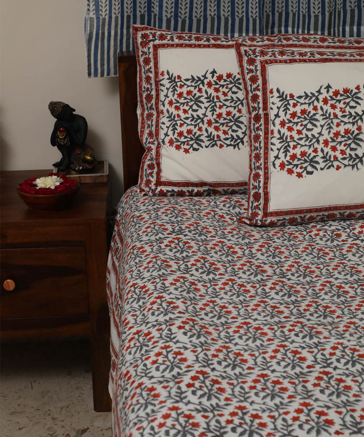 White grey floral cotton block printed sanganeri double bed bedsheet