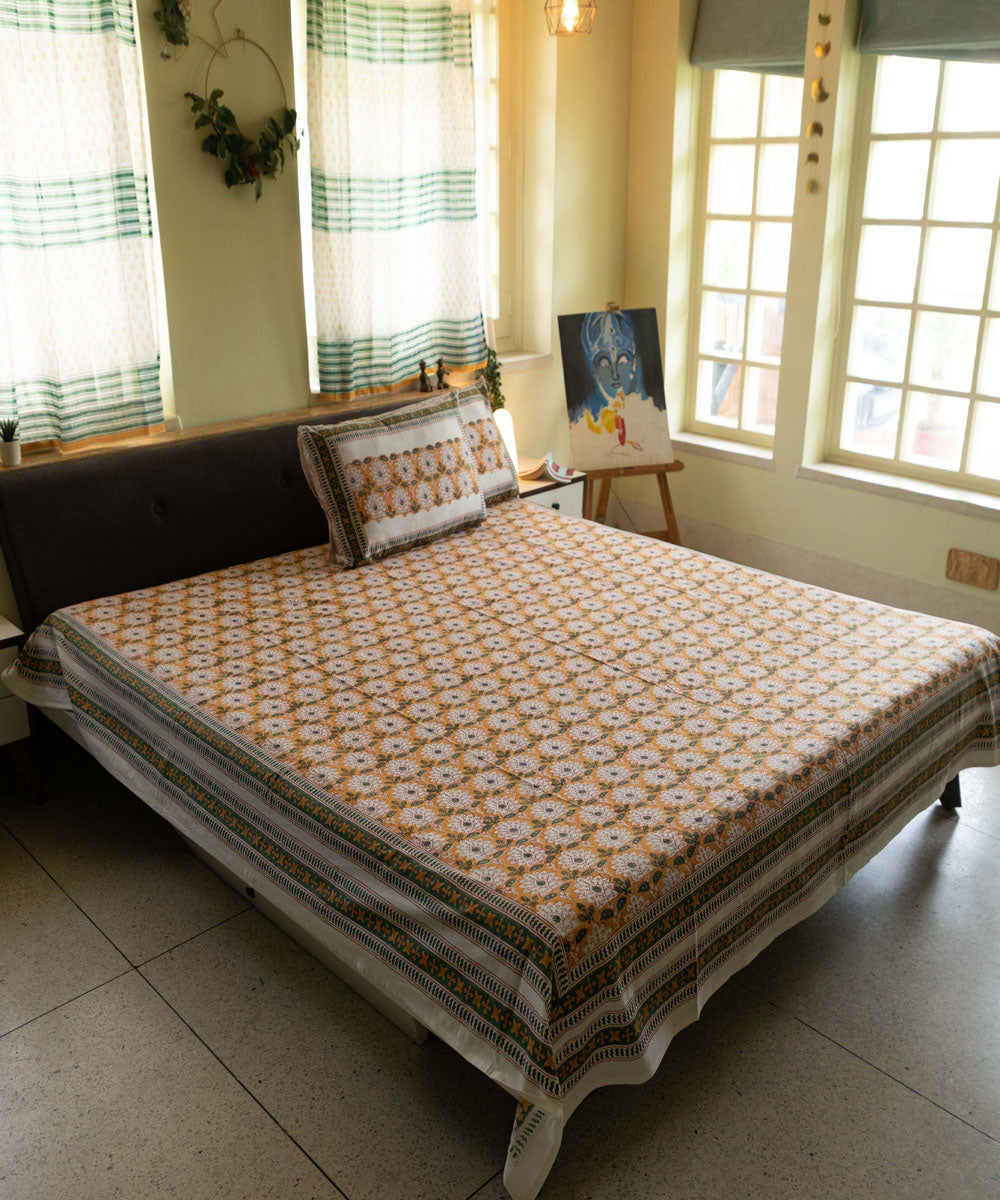 White yellow all over block print cotton double bed bedsheet