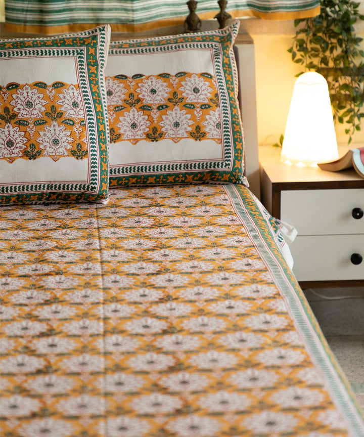 White yellow all over block print cotton double bed bedsheet