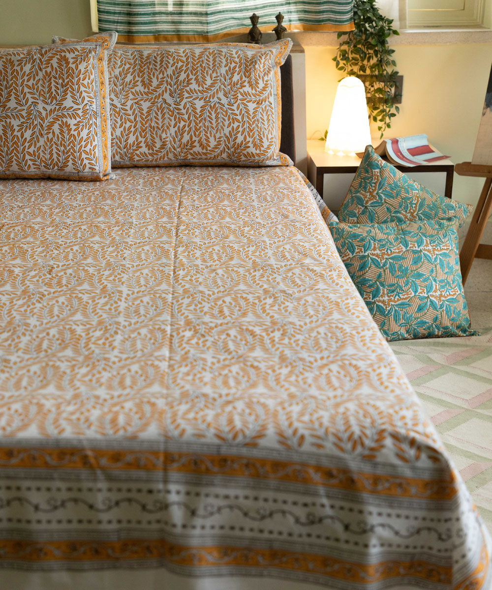 White brown block printed sanganeri cotton double bed bedsheet