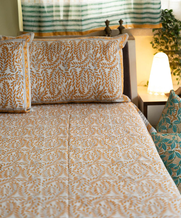 White brown block printed sanganeri cotton double bed bedsheet