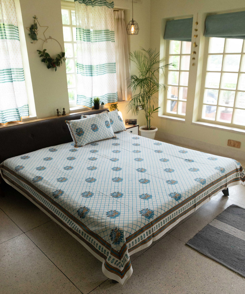 White sky blue cotton block printed sanganeri double bed bedsheet