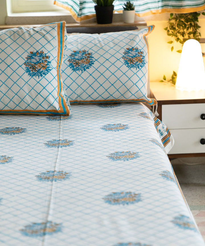 White sky blue cotton block printed sanganeri double bed bedsheet