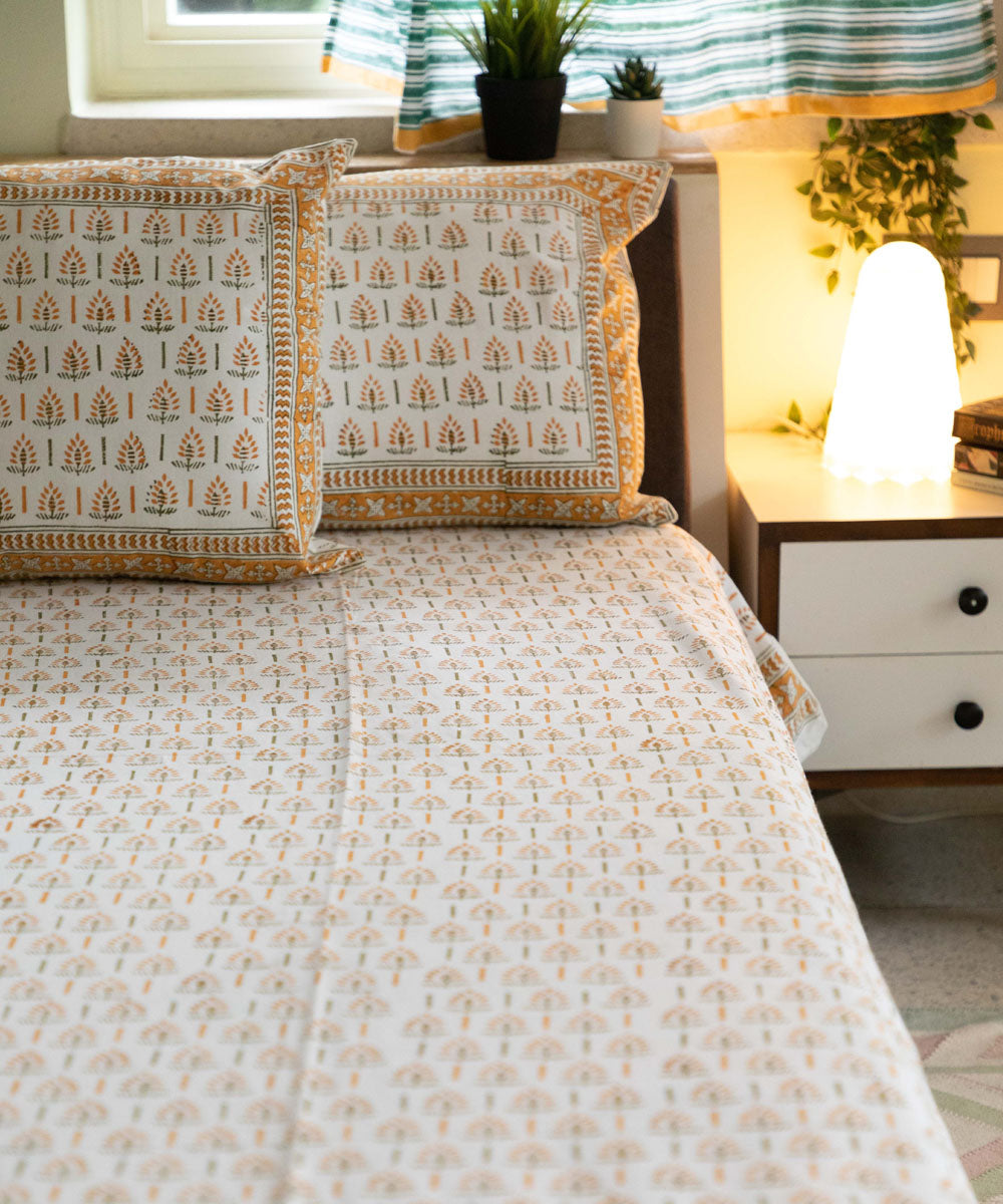 White yellow motif block printed sanganeri double bed bedsheet