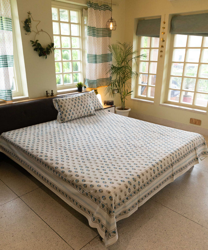 White blue hand block printed sanganeri double bed bedsheet
