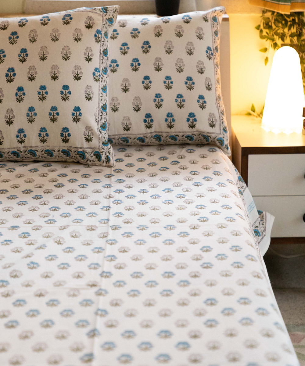 White blue hand block printed sanganeri double bed bedsheet