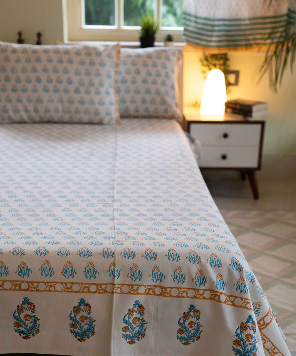 White blue hand block printed cotton double bed bedsheet