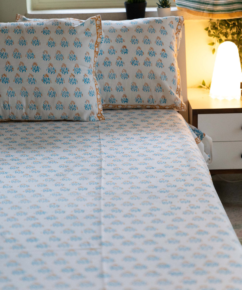 White blue hand block printed cotton double bed bedsheet