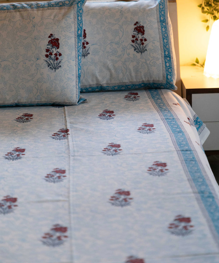 White over blue block printed sanganeri cotton double bed bedsheet