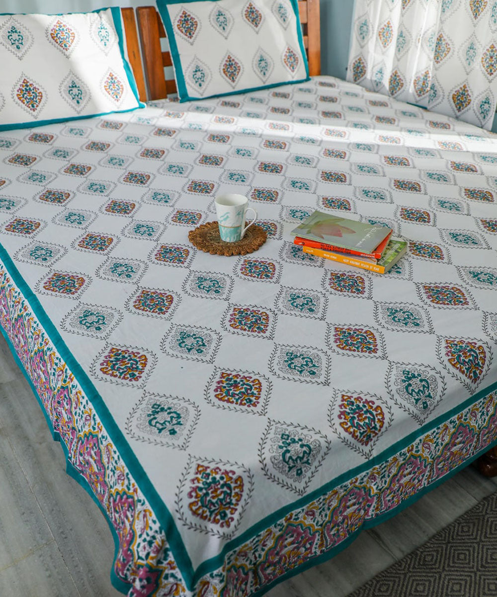 White teel block printed sanganeri cotton double bed bedsheet