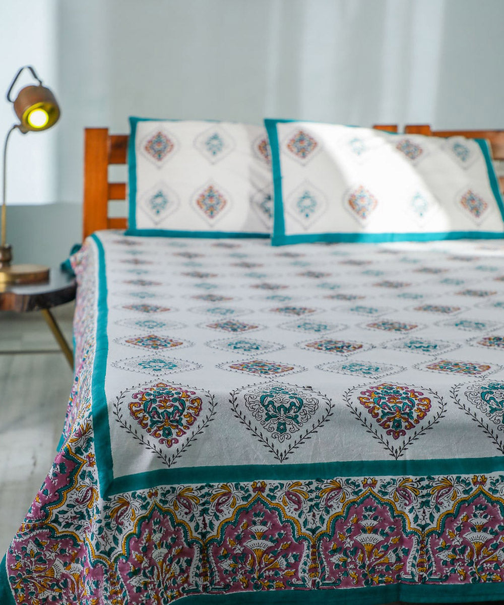 White teel block printed sanganeri cotton double bed bedsheet