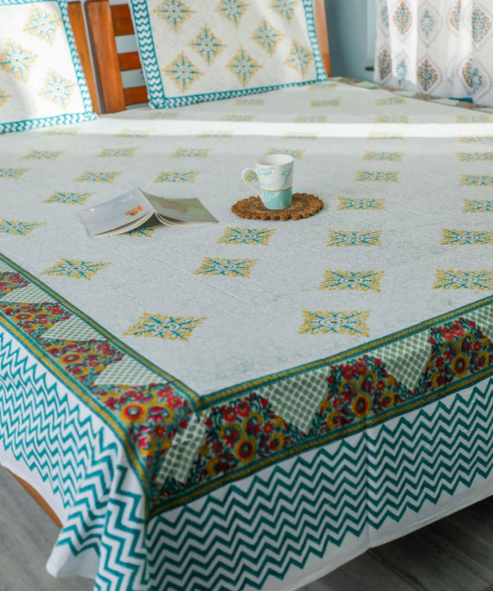 White teel green block printed sanganeri cotton double bed bedsheet