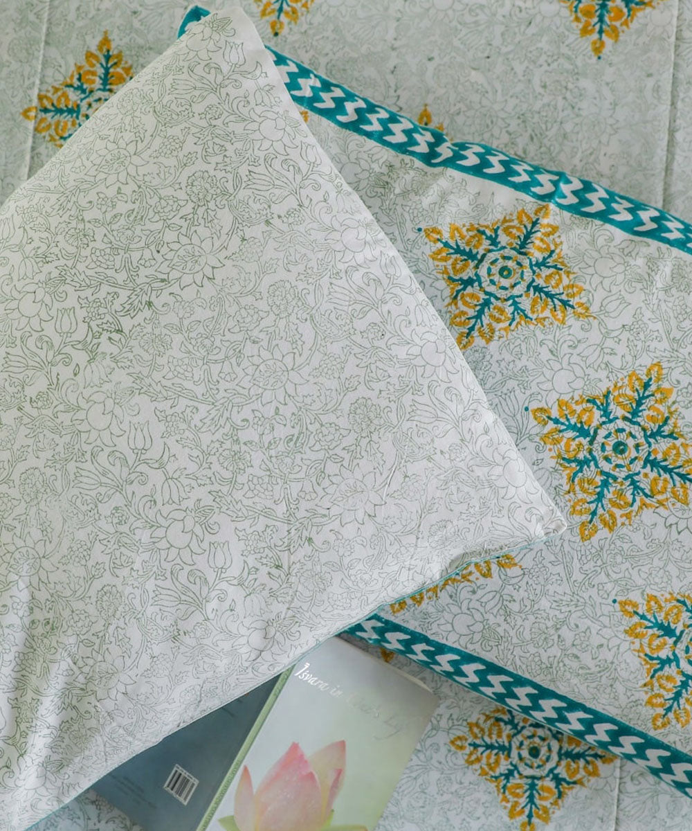 White teel green block printed sanganeri cotton double bed bedsheet