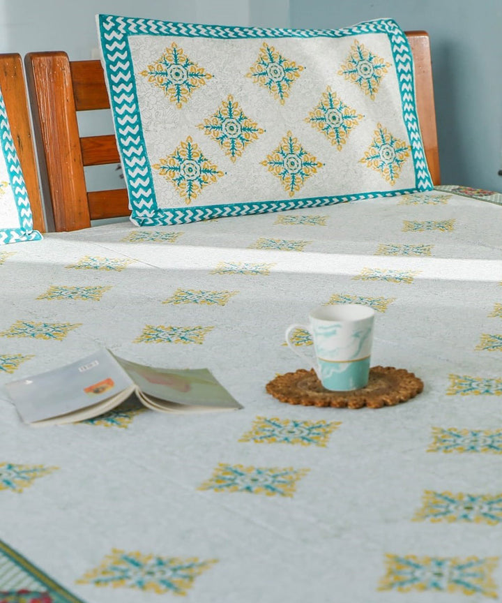 White teel green block printed sanganeri cotton double bed bedsheet