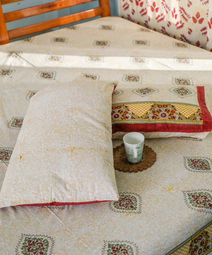 White yellow sanganeri block print double bed bedsheet