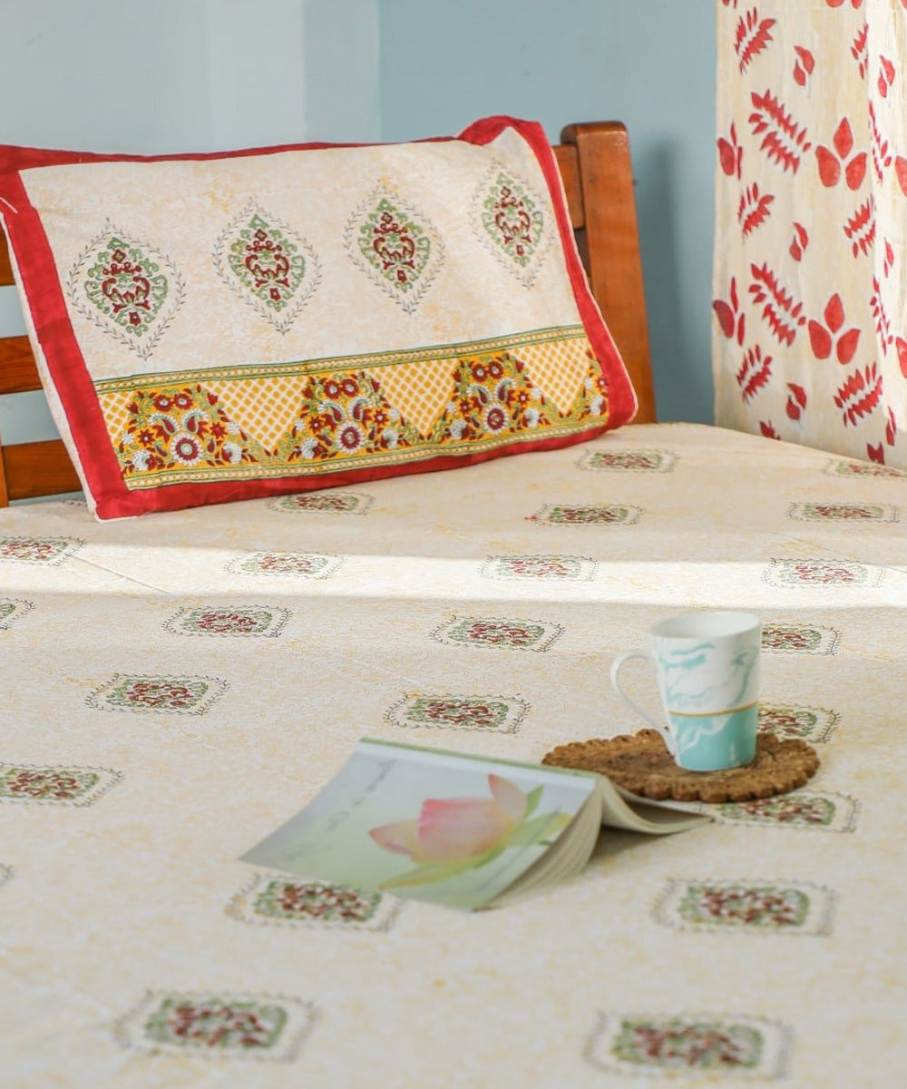 White yellow sanganeri block print double bed bedsheet