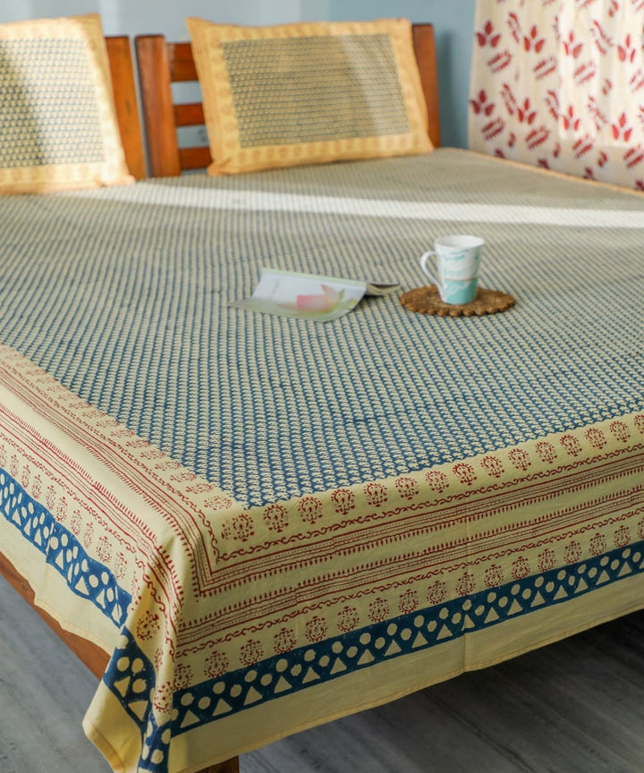 White blue all over block printed sanganeri double bed bedsheet