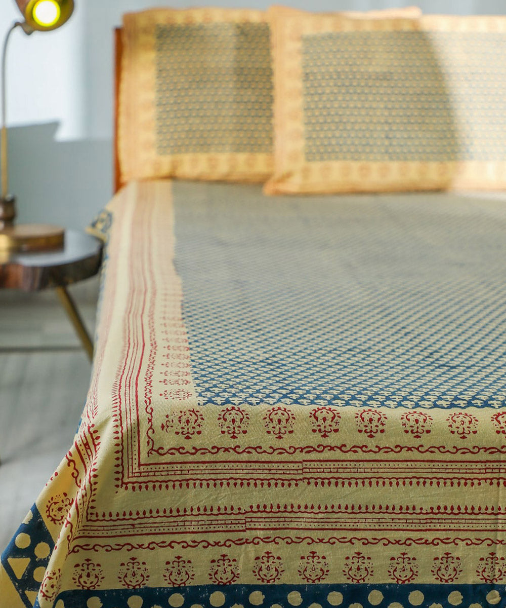 White blue all over block printed sanganeri double bed bedsheet