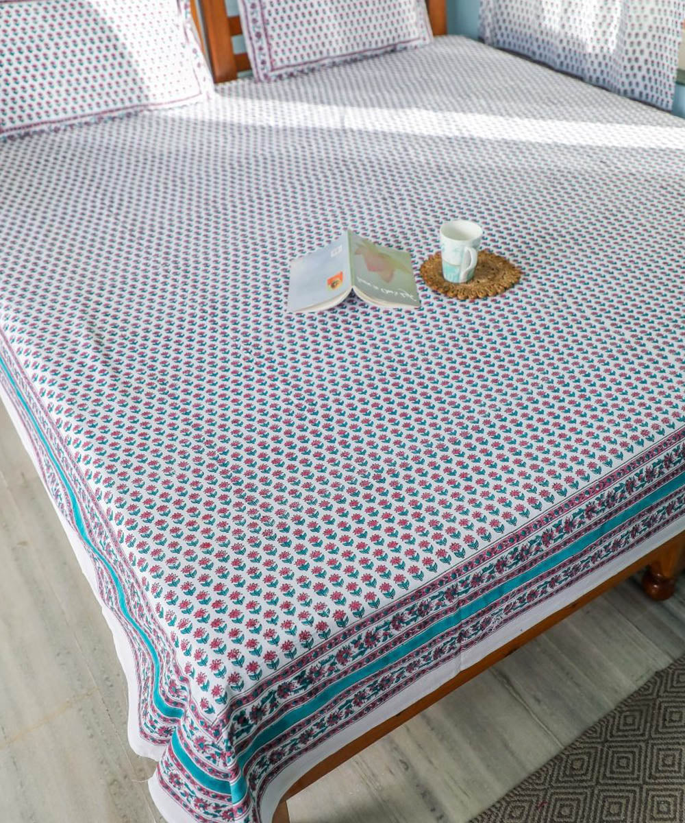 White multicolour block printed sanganeri cotton double bed bedsheet