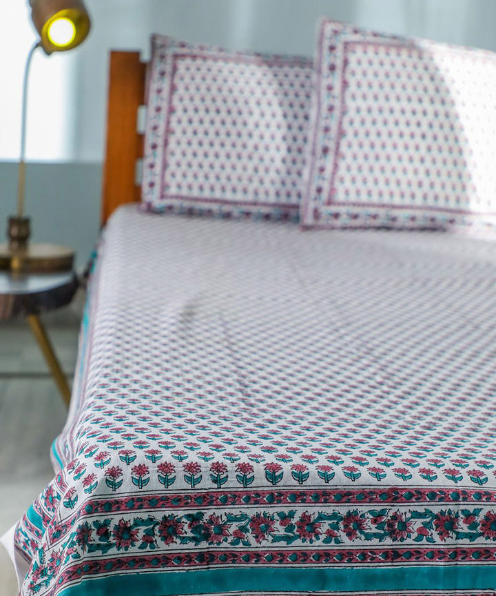 White multicolour block printed sanganeri cotton double bed bedsheet