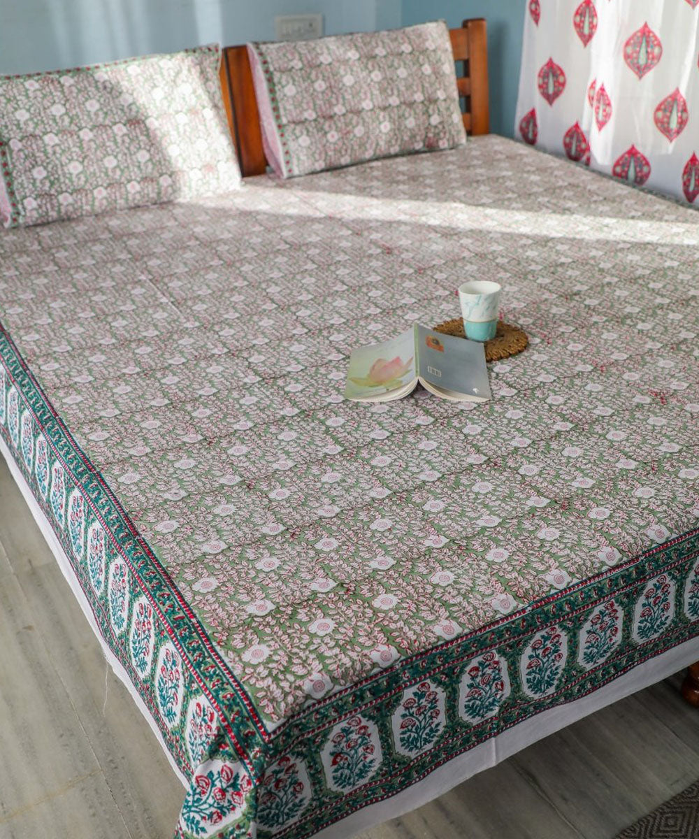 White multicolour block printed cotton double bed bedsheet
