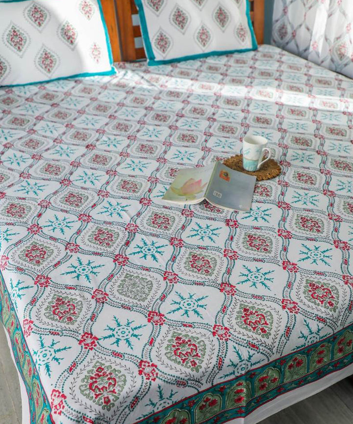 White green hand block printed sanganeri cotton double bed bedsheet