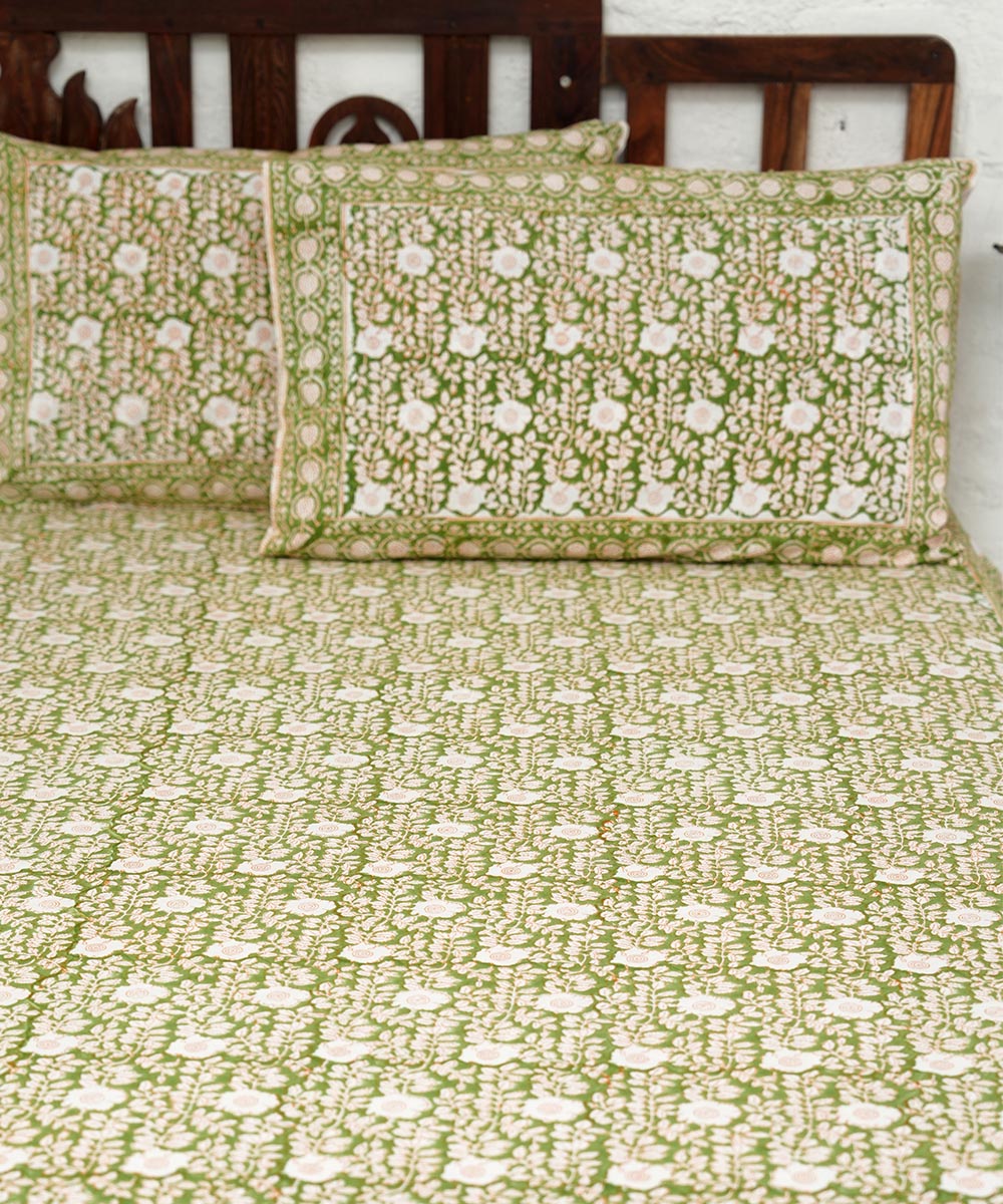 White olive hand block printed sanganeri cotton double bed bedsheet