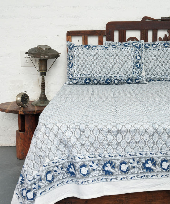 White grey block printed sanganeri cotton double bed bedsheet