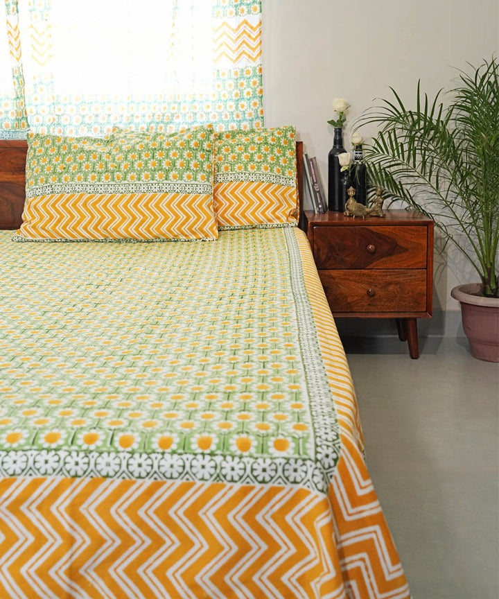 Mustard green Cotton Hand block printed Sanganeri Bedsheet