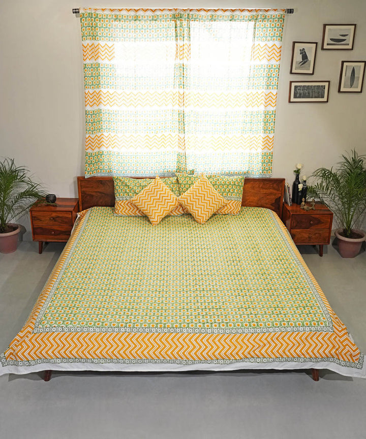 Mustard green Cotton Hand block printed Sanganeri Bedsheet